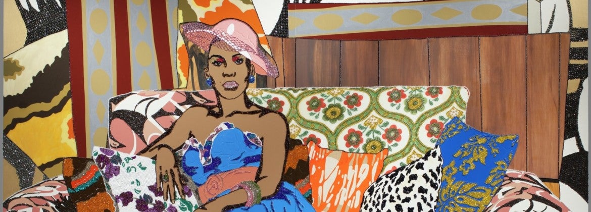 Colorful, complex painting of woman sitting on a sofa