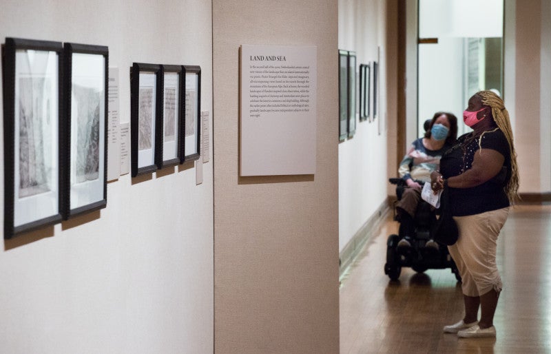 Two visitors, one in a motorized scooter, view a special photography exhibition