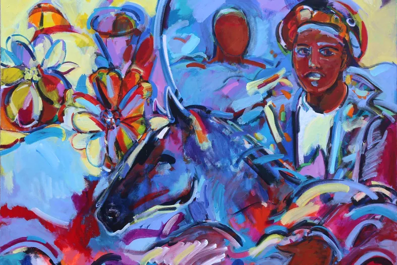 "Flight with Mirror," 2014, Shirley Woodson, American; acrylic on canvas.