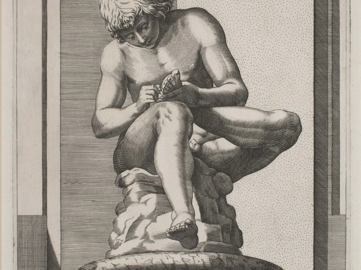 Diana Scultori (Italian, ca. 1535–probably 1588) Claudio Duchetti (French, active in Italy, d. 1585), "The Spinario, State I," 1581, Engraving on laid paper. National Gallery of Art, Washington, D.C., Ailsa Mellon Bruce Fund, 2009.100.1