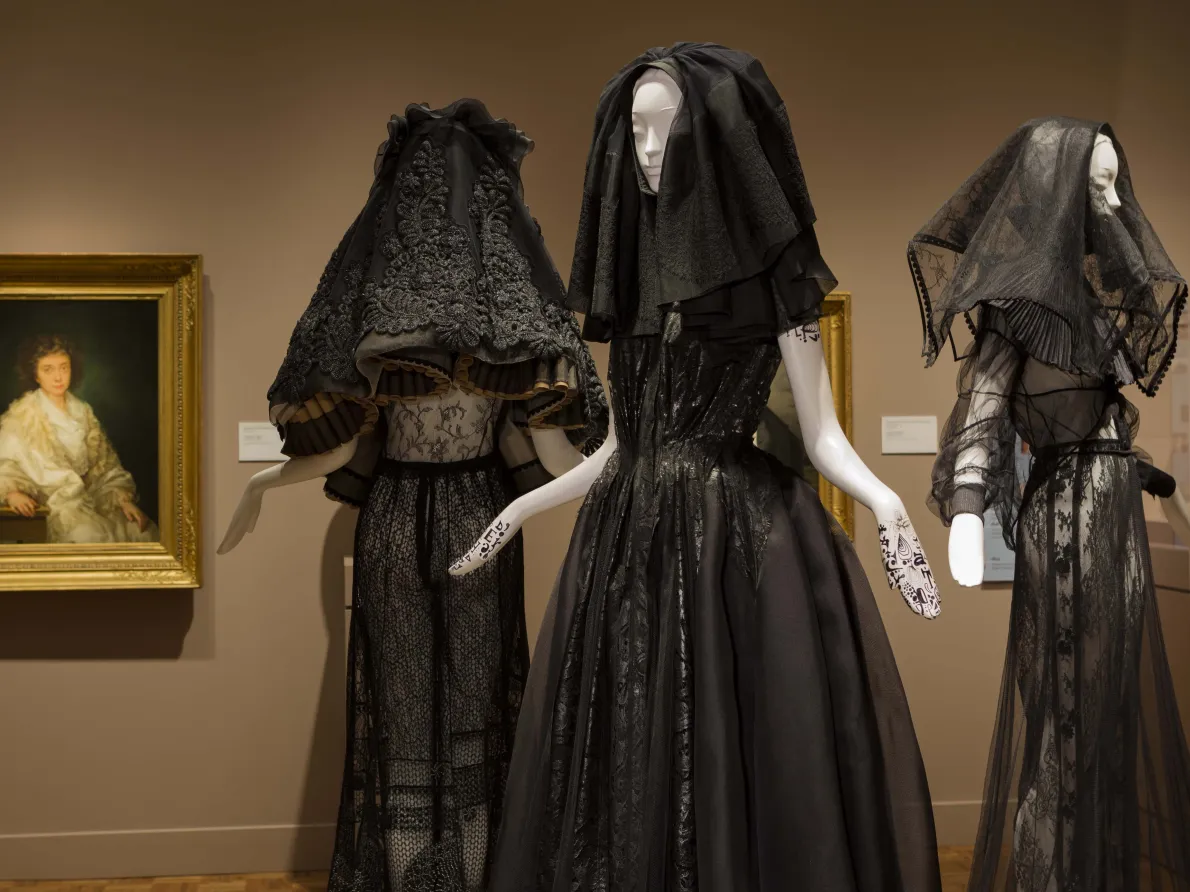 “Three Forces” (installation detail), 2018, Isabel Toledo, Cuban-American (born 1960) and Ruben Toledo, Cuban-American (born 1961); Rayon, silk, cotton, wool and lace. Courtesy of the artists and the Toledo Studio